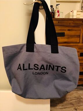 AllSaints Canvas Tote Bag in Slate Blue with Black Handles